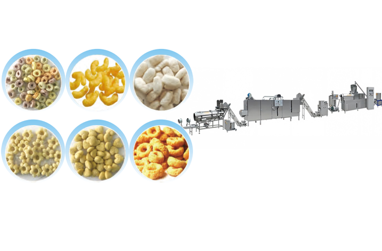 Flexible continuous twin-screw extrusion machinery for corn puffs and direct-expanded snacks.