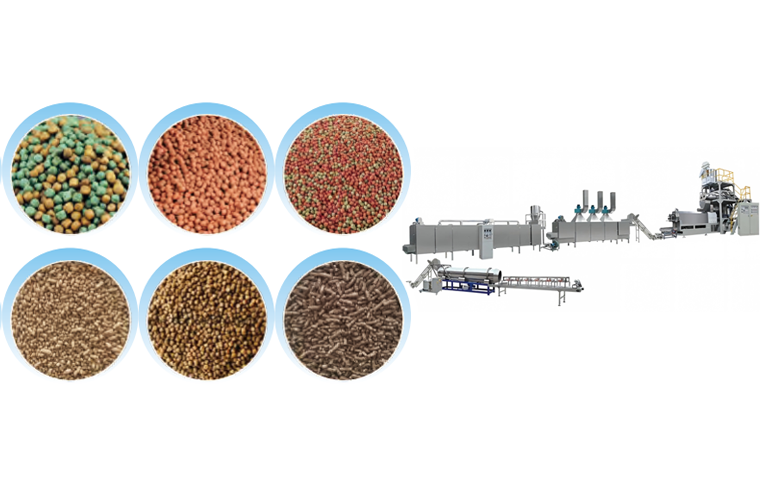 High-capacity floating and sinking fish feed extrusion line with twin-screw technology.