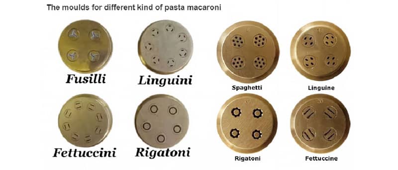 Turnkey Macaroni & Pasta Extrusion Line | Single-Screw | Zhuoheng Custom bronze and Teflon pasta extruder dies for various shapes.
