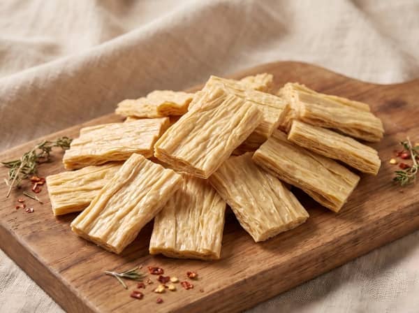 Thin fibrous TVP flakes and strips for vegan jerky.