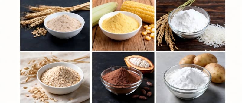 Premium natural grain flours including corn, rice, and wheat flour optimized for puff extrusion.