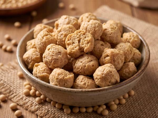 High-expansion extruded TVP soya chunks and chunks.