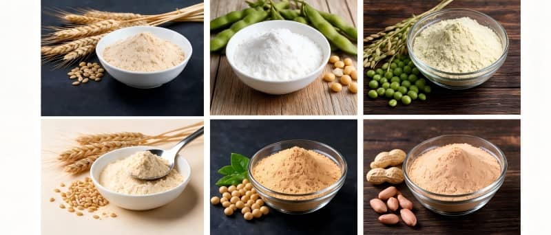Soy protein isolate, defatted soy flour, and wheat gluten as raw materials for TVP extrusion.