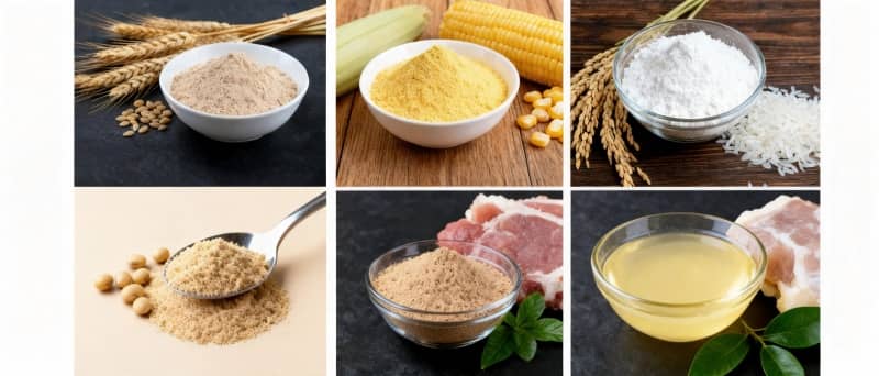 Various raw materials including fish meal, corn flour, and soya flakes for high-quality aqua feed extrusion production