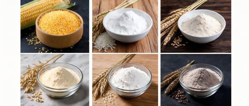 Premium raw grain materials including corn grits, whole wheat, rice, oat, barley and rye flour for breakfast cereal extrusion.