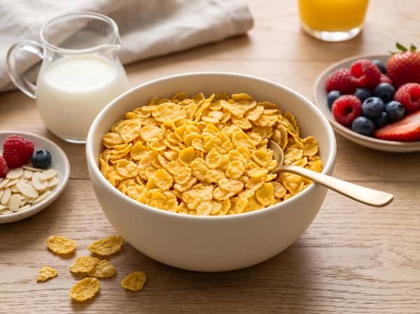 Thin crispy golden corn flakes extruded and roasted to perfect blistered texture.
