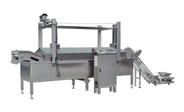 LXYG-D heavy-duty continuous oil fryer line with automatic PID temperature control and hood hoisting.
