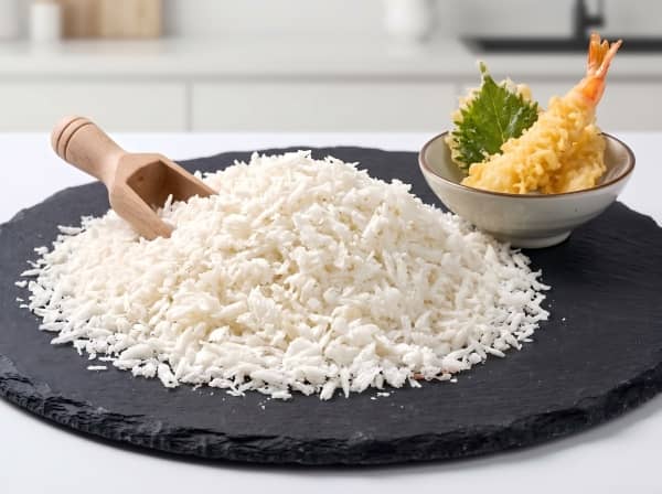 Needle-shaped white Panko bread crumbs for crunchy Japanese tempura coating.