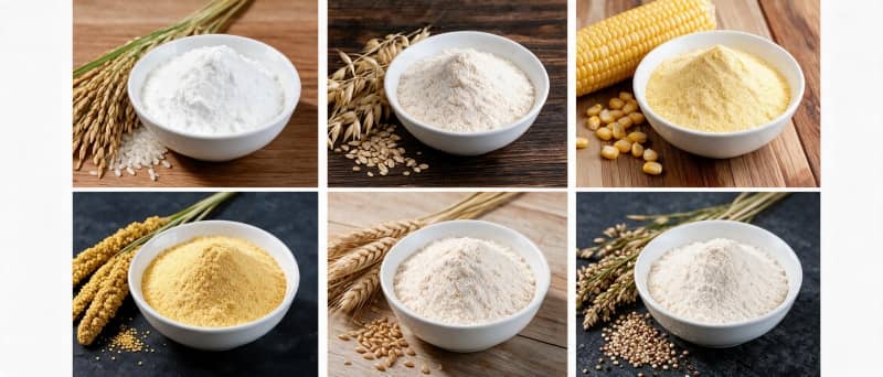 Premium raw grain materials including rice, oat, corn, millet, wheat and quinoa flour for nutritional powder extrusion.
