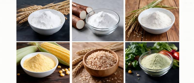 Diverse raw materials including wheat flour, tapioca, wheat bran, and natural vegetable powders for Panko extrusion.