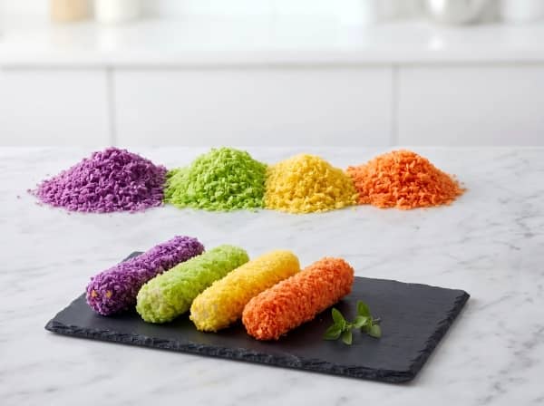 Multi-colored Panko bread crumbs in vibrant purple, green, yellow, and orange for premium food coatings.