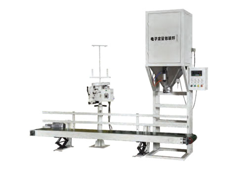 ZH-50 electronic quantitative bagging scale for heavy bags with conveyor and sewing unit.