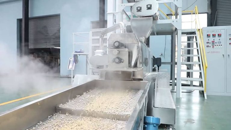 Zhuoheng twin-screw extruder with double-shaft pre-conditioner processing 40%+ fresh meat slurry grain-free pet food kibbles.