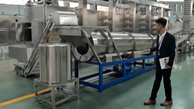 Zhuoheng PTG & GTW-D series post-extrusion liquid spraying and drum coating system processing high-fat pet food kibbles.